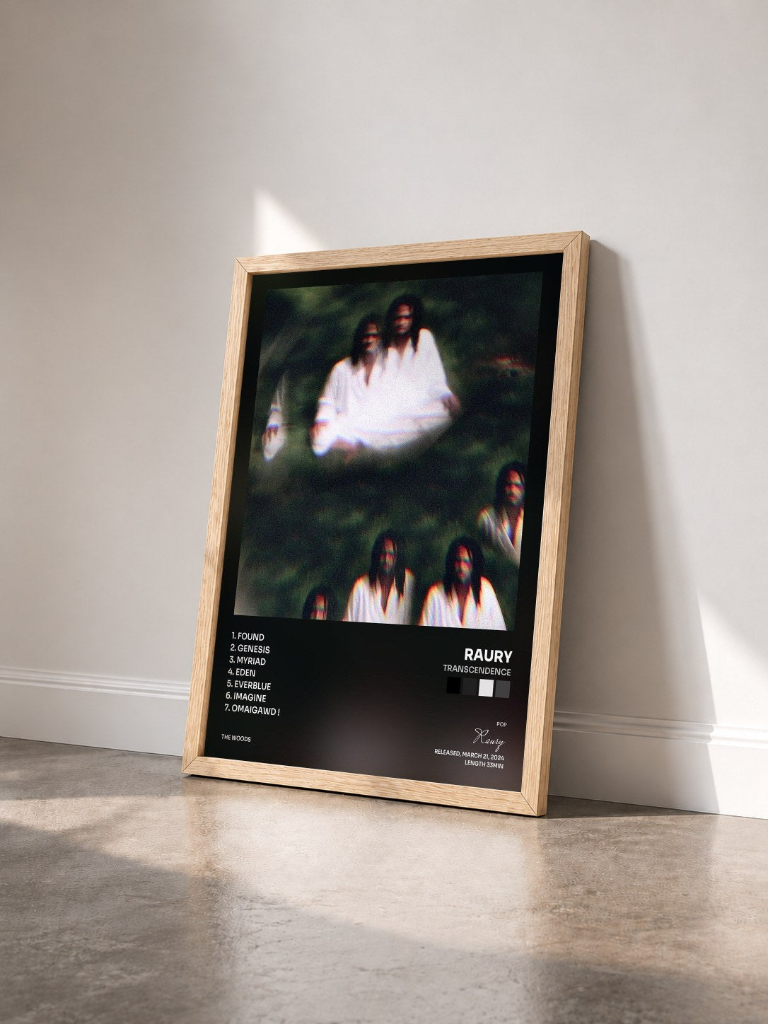 #bois Tableau de l'album Transcendence de Raury vu de trois quarts, cadre en bois brut