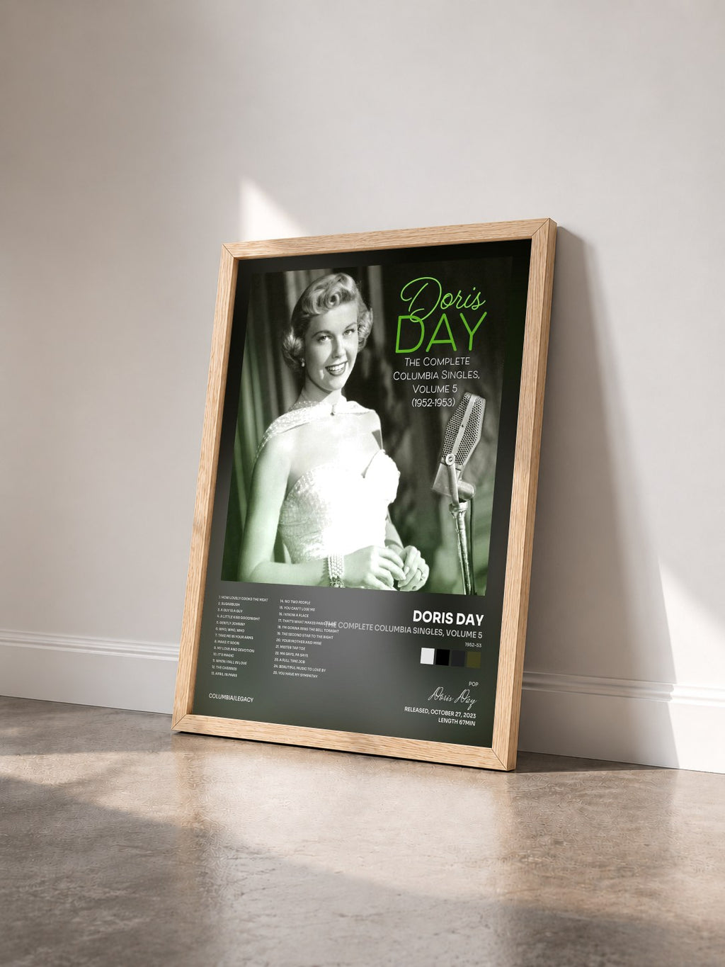 #bois Tableau de l'album The Complete Columbia Singles, Volume 5 (1952-53) de Doris Day vu de trois quarts, cadre en bois brut