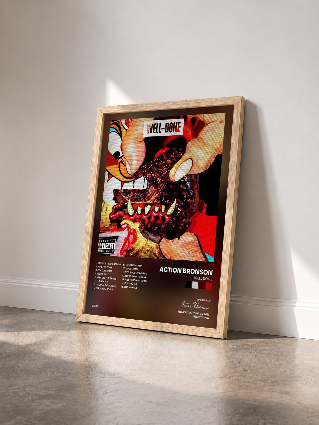 #bois Tableau de l'album Well Done de Action Bronson vu de trois quarts, cadre en bois brut