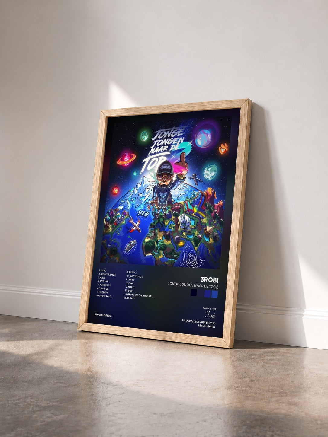 #bois Tableau de l'album Jonge Jongen Naar De Top 2 de 3robi vu de trois quarts, cadre en bois brut
