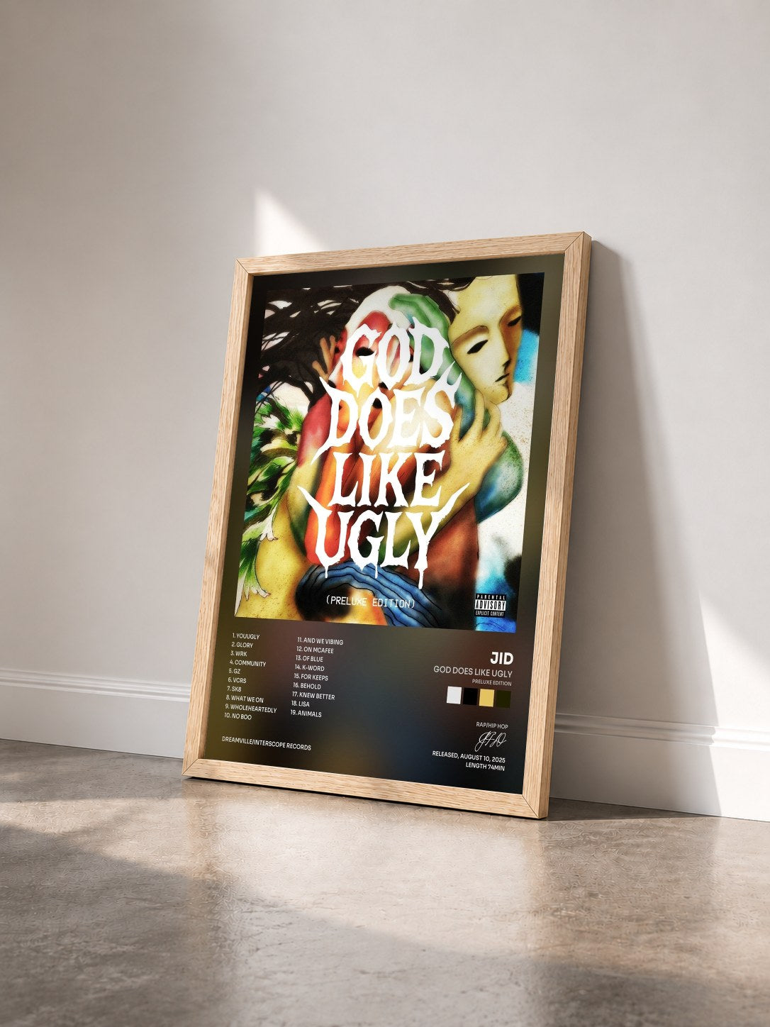 #bois Tableau de l'album God Does Like Ugly (Preluxe Edition) de JID vu de trois quarts, cadre en bois brut