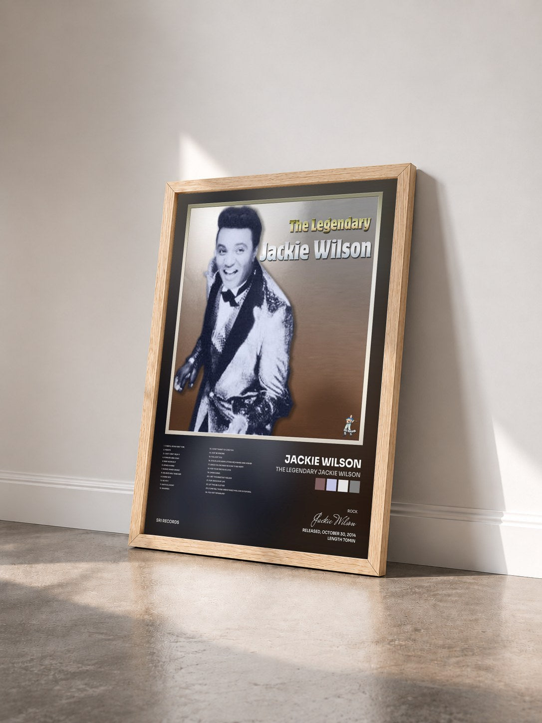 #bois Tableau de l'album The Legendary Jackie Wilson de Jackie Wilson vu de trois quarts, cadre en bois brut