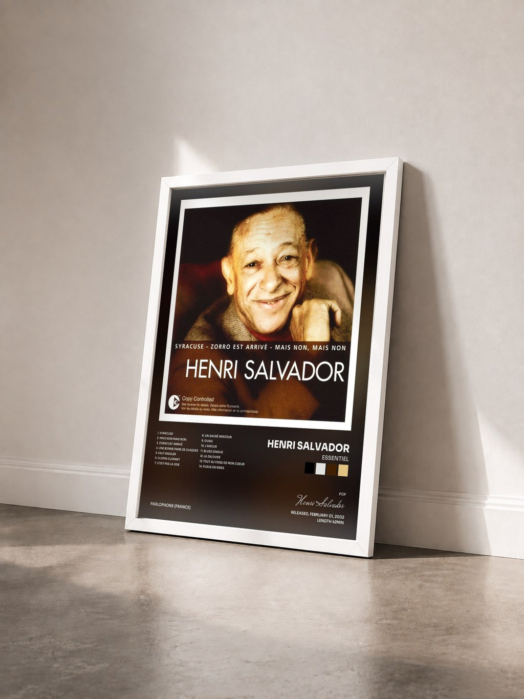 #blanc Tableau de l'album Essentiel de Henri Salvador vu de trois quarts, cadre blanc