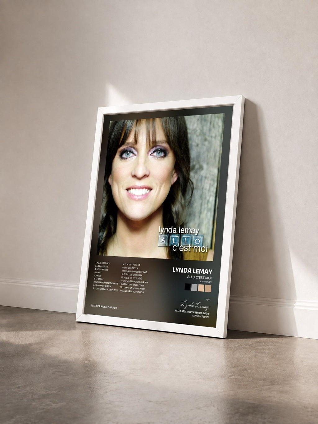 #blanc Tableau de l'album Allo C'est Moi (audio only) de Lynda Lemay vu de trois quarts, cadre blanc