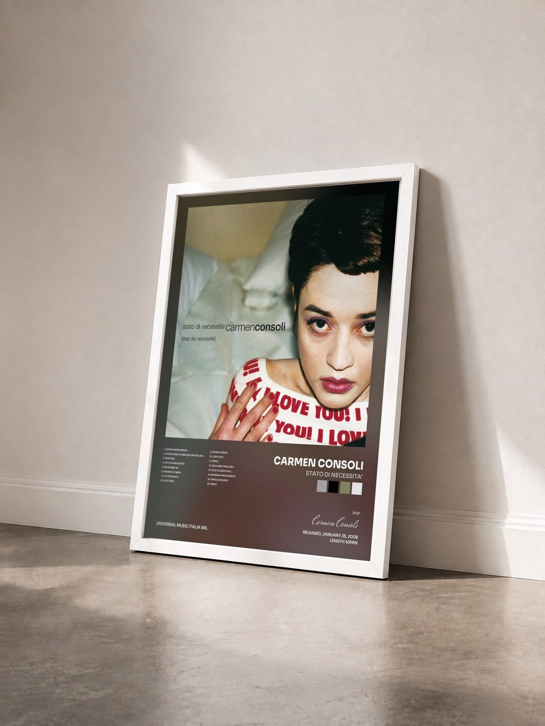 #blanc Tableau de l'album Stato Di Necessita' de Carmen Consoli vu de trois quarts, cadre blanc