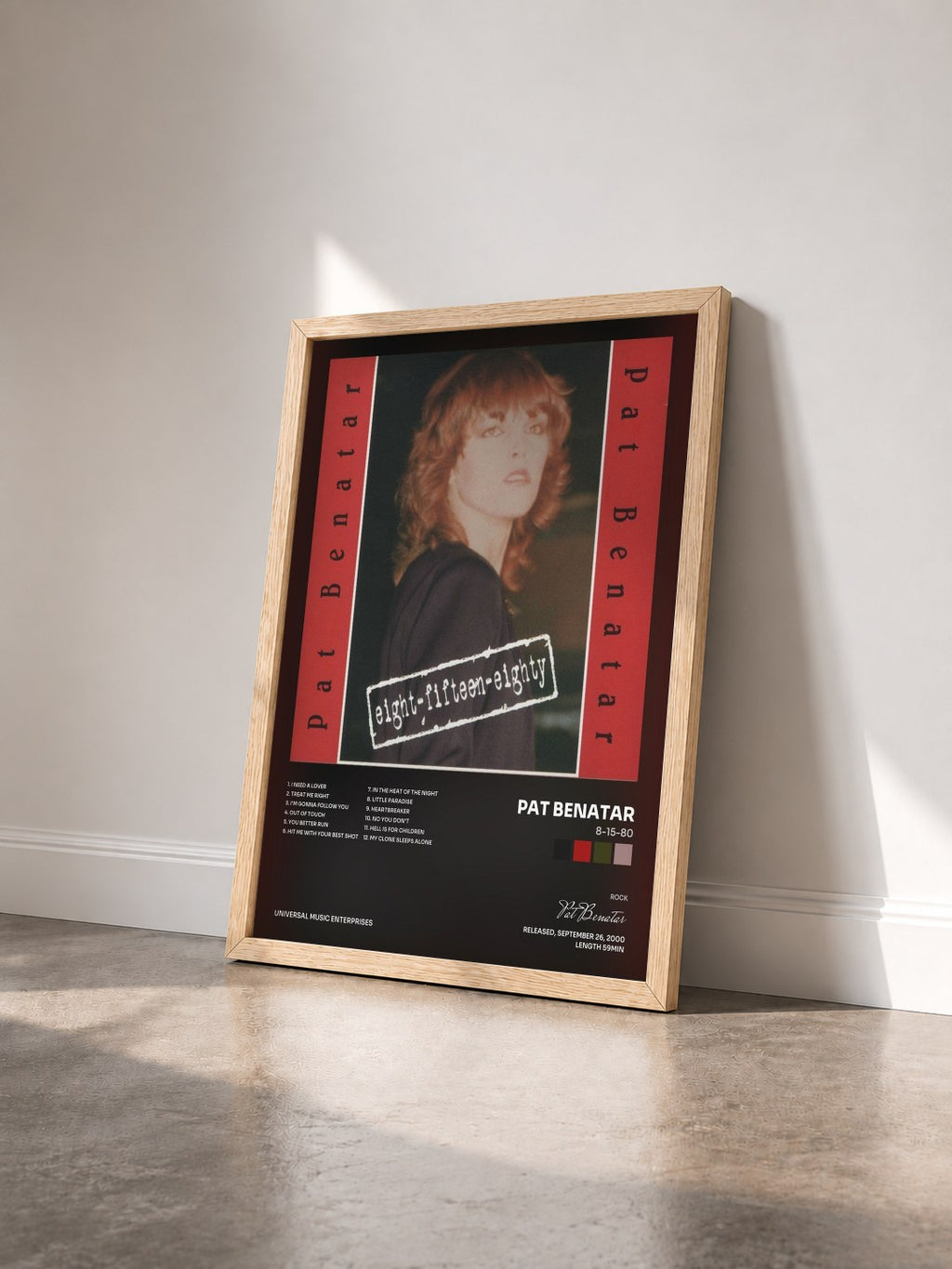 #bois Tableau de l'album 8-15-80 de Pat Benatar vu de trois quarts, cadre en bois brut