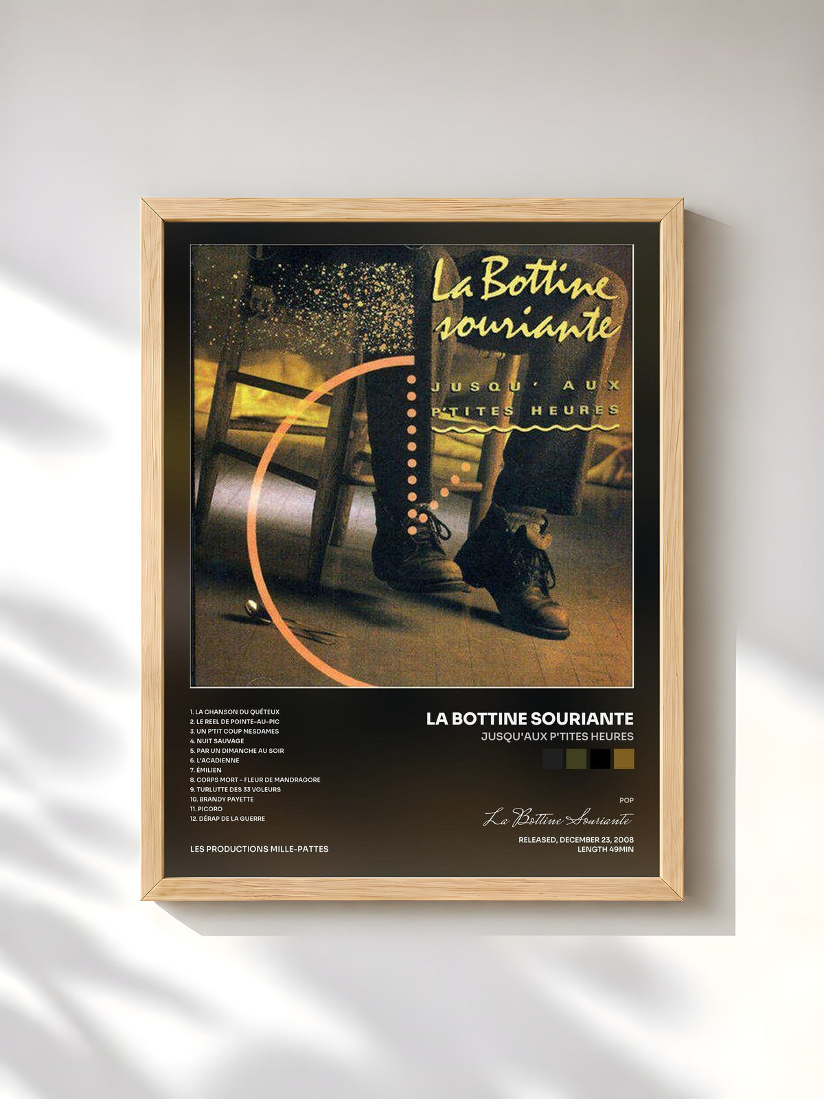 #bois Tableau de l'album Jusqu'aux p'tites heures de La Bottine Souriante, cadre en bois brut, imprimé et encadré en France