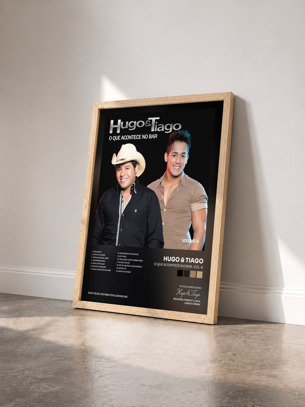 #bois Tableau de l'album O Que Acontece no Bar, Vol. 6 de Hugo & Tiago vu de trois quarts, cadre en bois brut