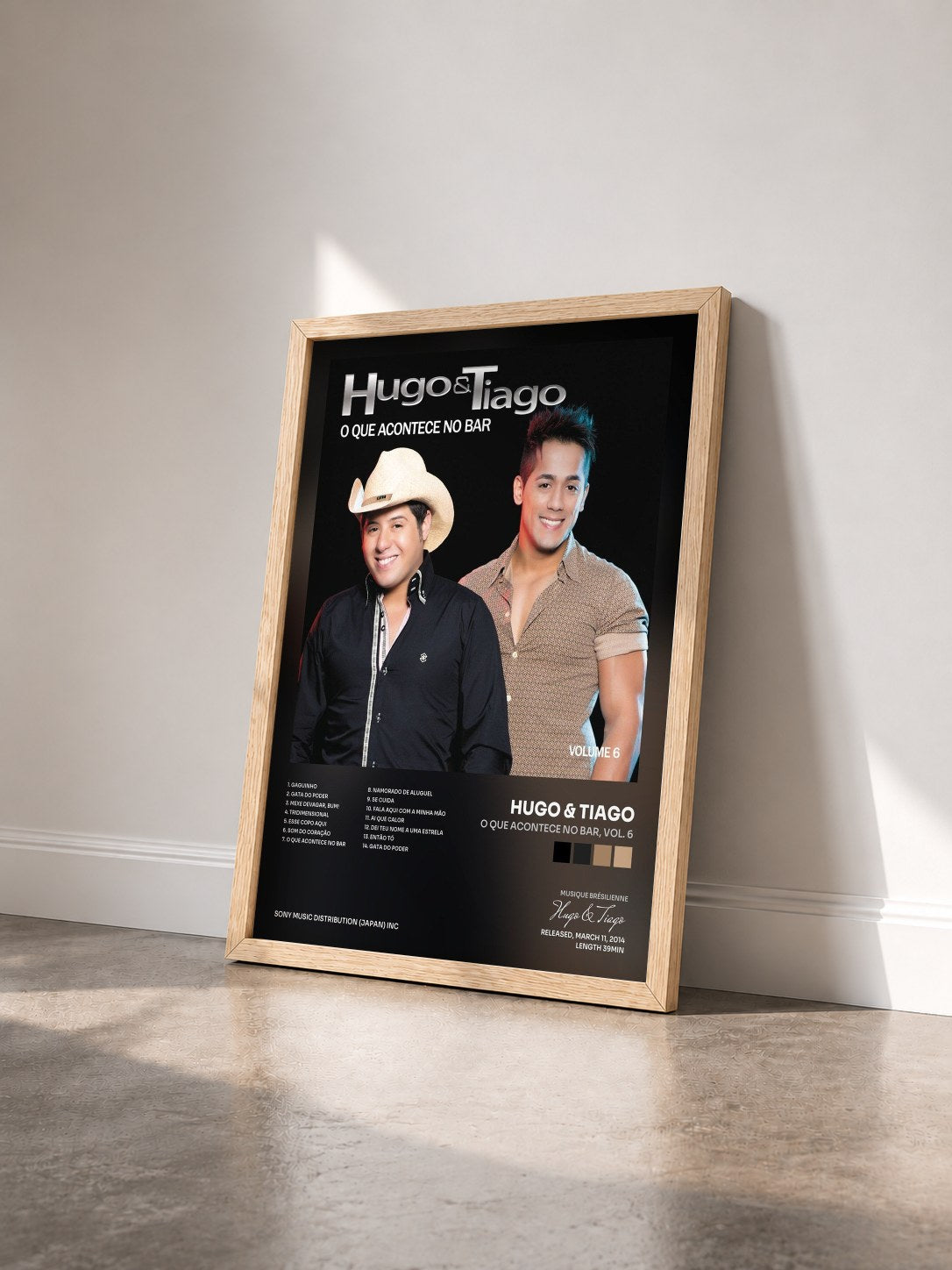 #bois Tableau de l'album O Que Acontece no Bar, Vol. 6 de Hugo & Tiago vu de trois quarts, cadre en bois brut