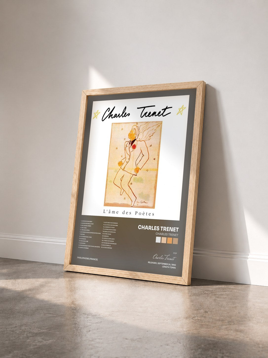 #bois Tableau de l'album Charles Trenet de Charles Trenet vu de trois quarts, cadre en bois brut