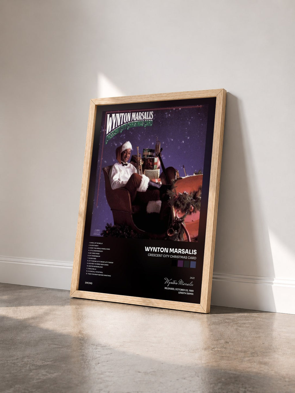 #bois Tableau de l'album Crescent City Christmas Card de Wynton Marsalis vu de trois quarts, cadre en bois brut