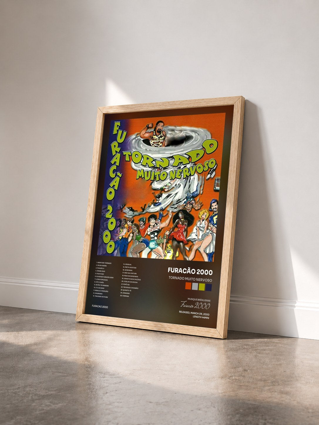 #bois Tableau de l'album Tornado Muito Nervoso de Furacão 2000 vu de trois quarts, cadre en bois brut