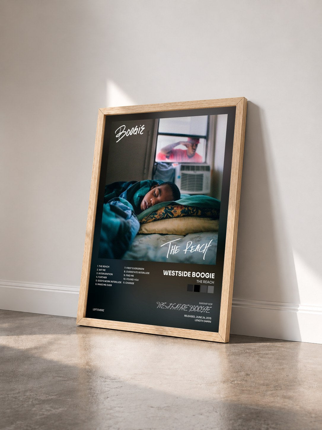 #bois Tableau de l'album The Reach de WESTSIDE BOOGIE vu de trois quarts, cadre en bois brut