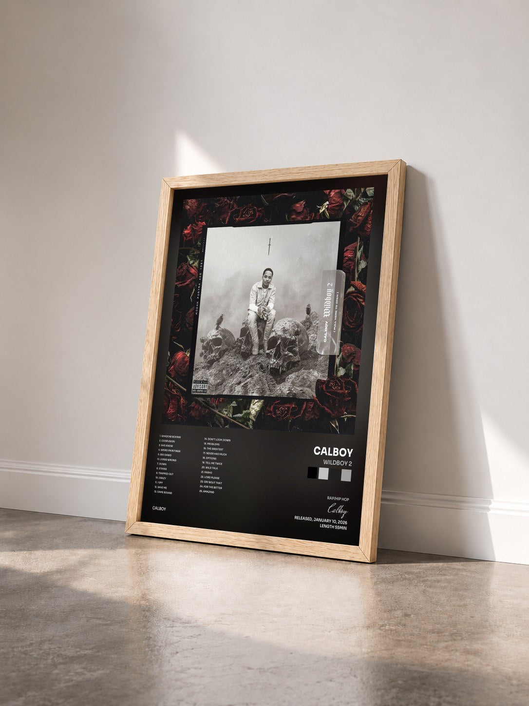 #bois Tableau de l'album Wildboy 2 de Calboy vu de trois quarts, cadre en bois brut