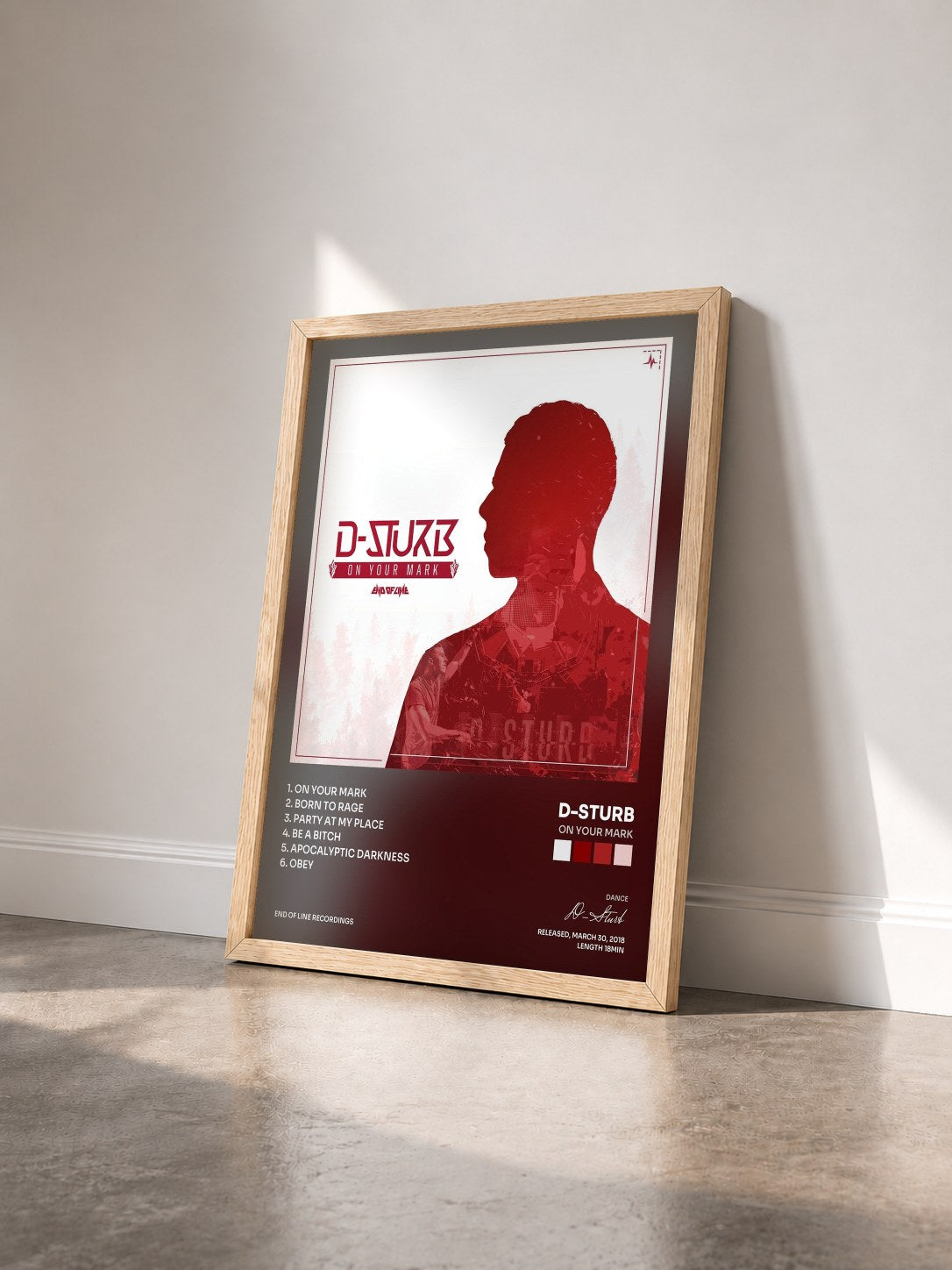 #bois Tableau de l'album On Your Mark de D-Sturb vu de trois quarts, cadre en bois brut