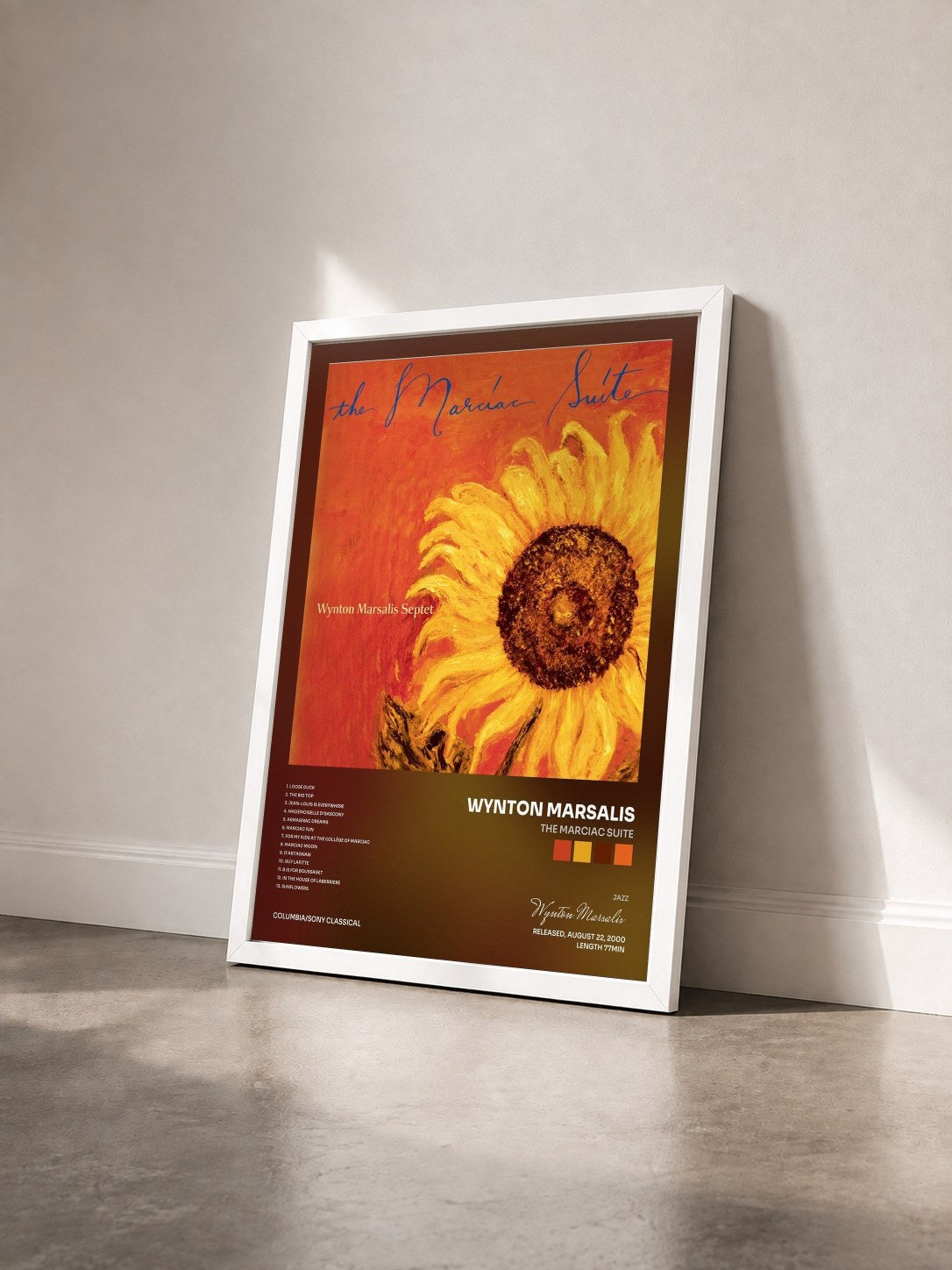 #blanc Tableau de l'album The Marciac Suite de Wynton Marsalis vu de trois quarts, cadre blanc
