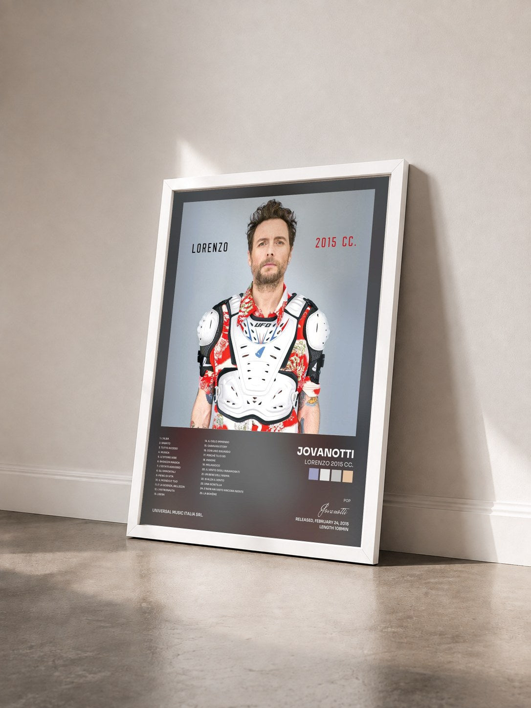 #blanc Tableau de l'album Lorenzo 2015 CC. de Jovanotti vu de trois quarts, cadre blanc