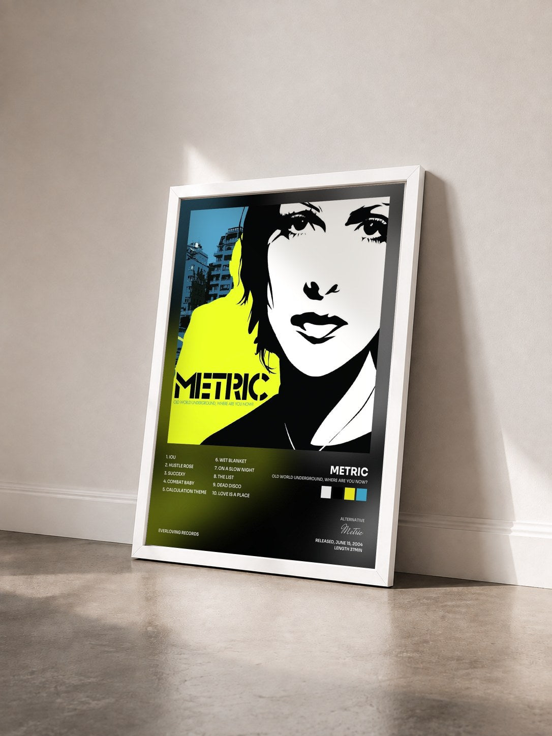 #blanc Tableau de l'album Old World Underground, Where Are You Now? de Metric vu de trois quarts, cadre blanc