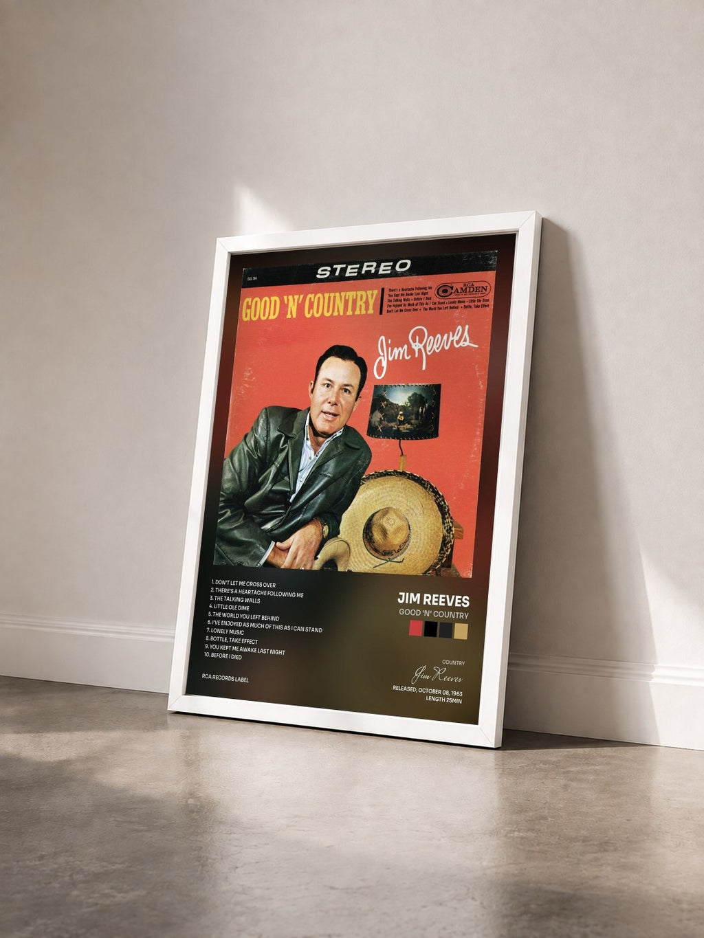 #blanc Tableau de l'album Good 'N' Country de Jim Reeves vu de trois quarts, cadre blanc