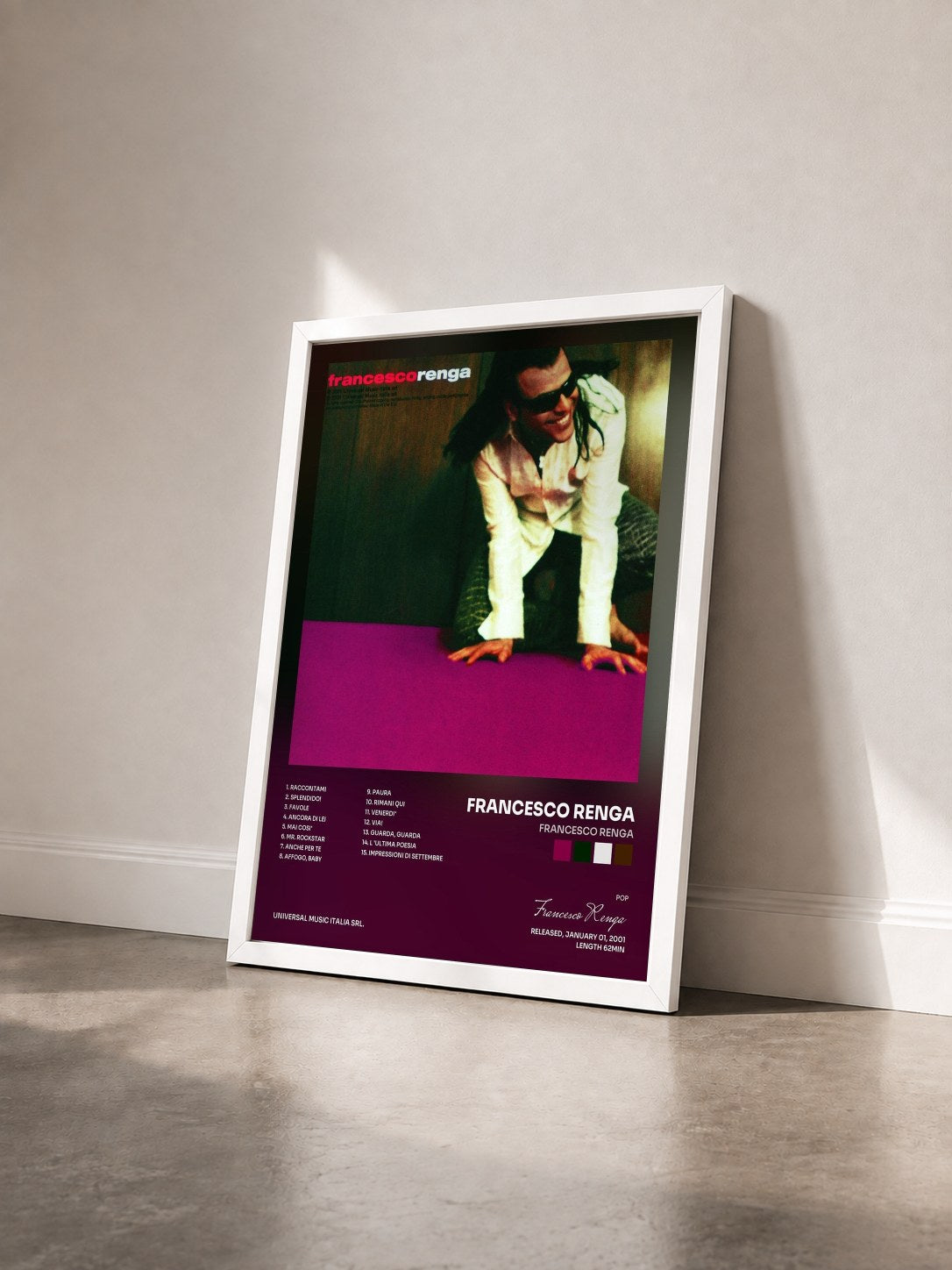 #blanc Tableau de l'album Francesco Renga de Francesco Renga vu de trois quarts, cadre blanc