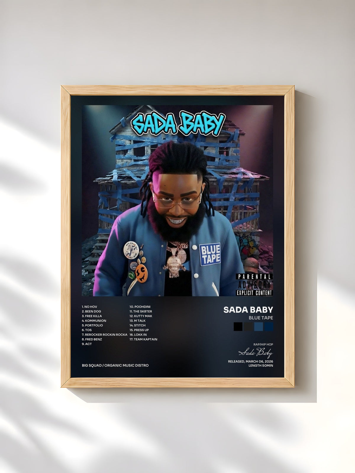 #bois Tableau de l'album BLUE TAPE de Sada Baby, cadre en bois brut, imprimé et encadré en France