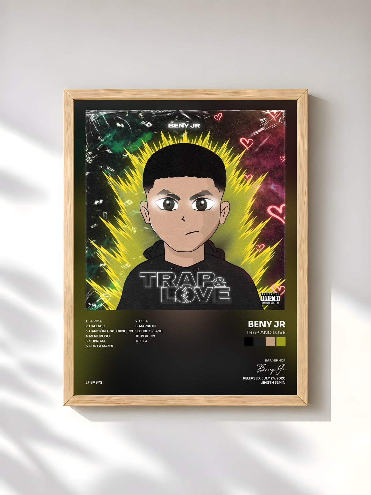 #bois Tableau de l'album Trap and Love de Beny Jr, cadre en bois brut, imprimé et encadré en France