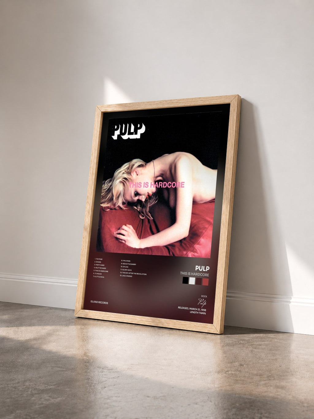 #bois Tableau de l'album This Is Hardcore de Pulp vu de trois quarts, cadre en bois brut