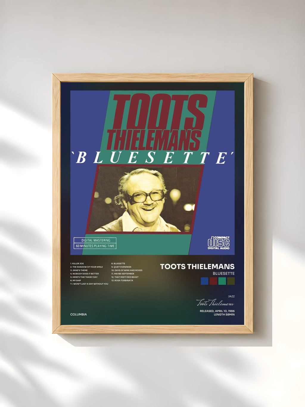 #bois Tableau de l'album Bluesette de Toots Thielemans, cadre en bois brut, imprimé et encadré en France