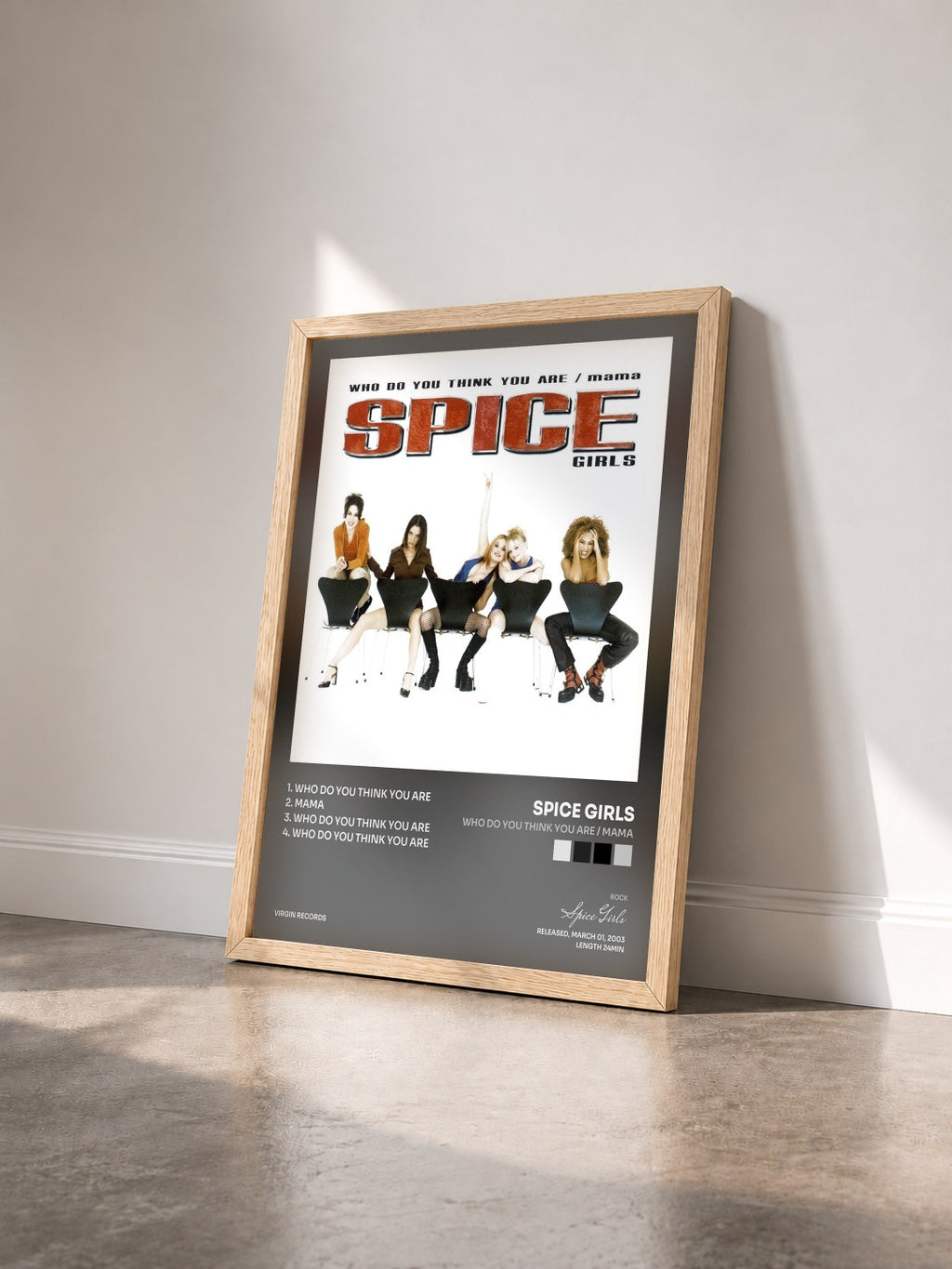 #bois Tableau de l'album Who Do You Think You Are / Mama de Spice Girls vu de trois quarts, cadre en bois brut