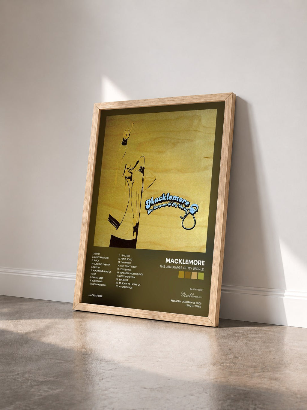 #bois Tableau de l'album The Language of My World de Macklemore vu de trois quarts, cadre en bois brut
