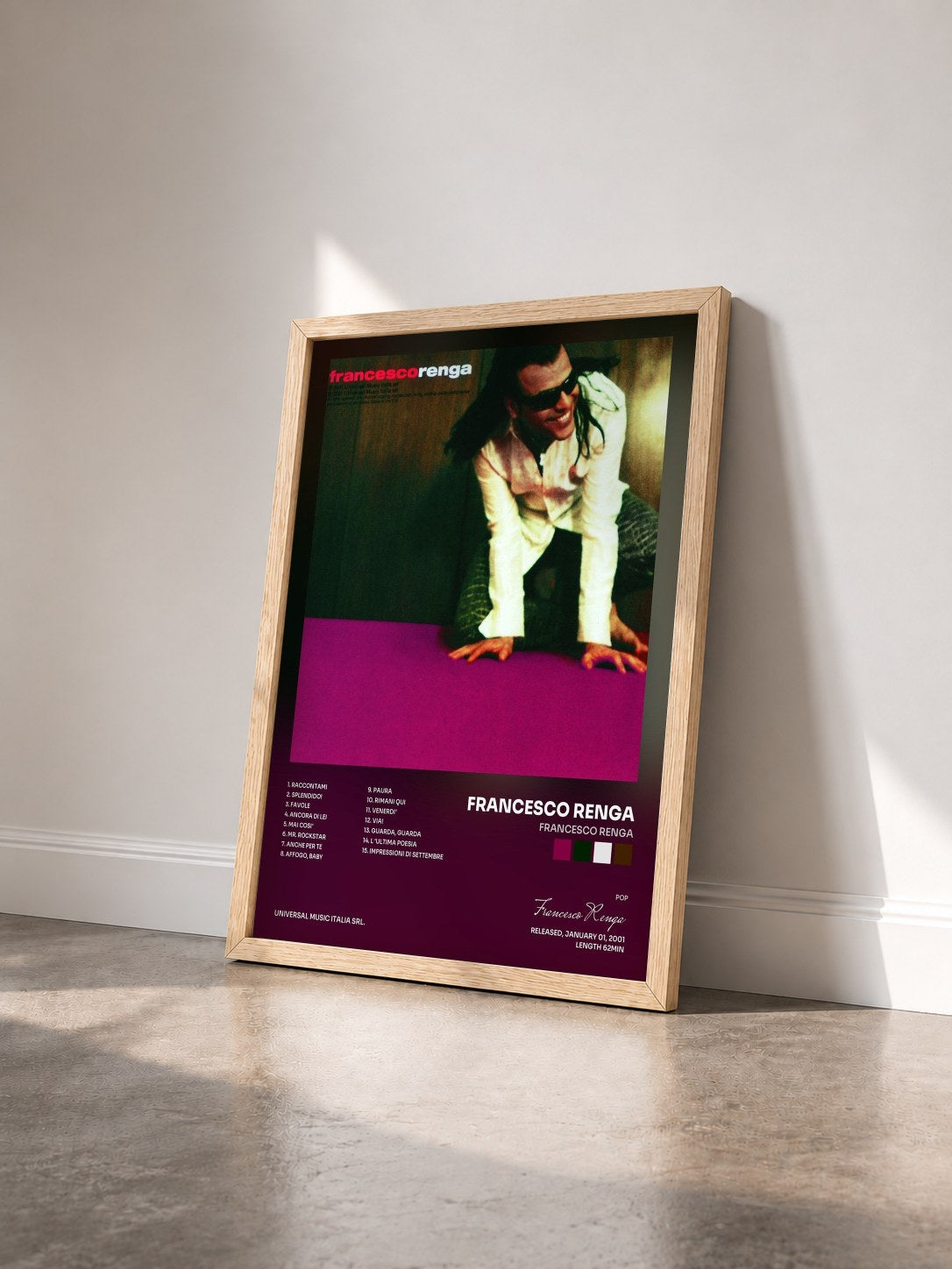 #bois Tableau de l'album Francesco Renga de Francesco Renga vu de trois quarts, cadre en bois brut