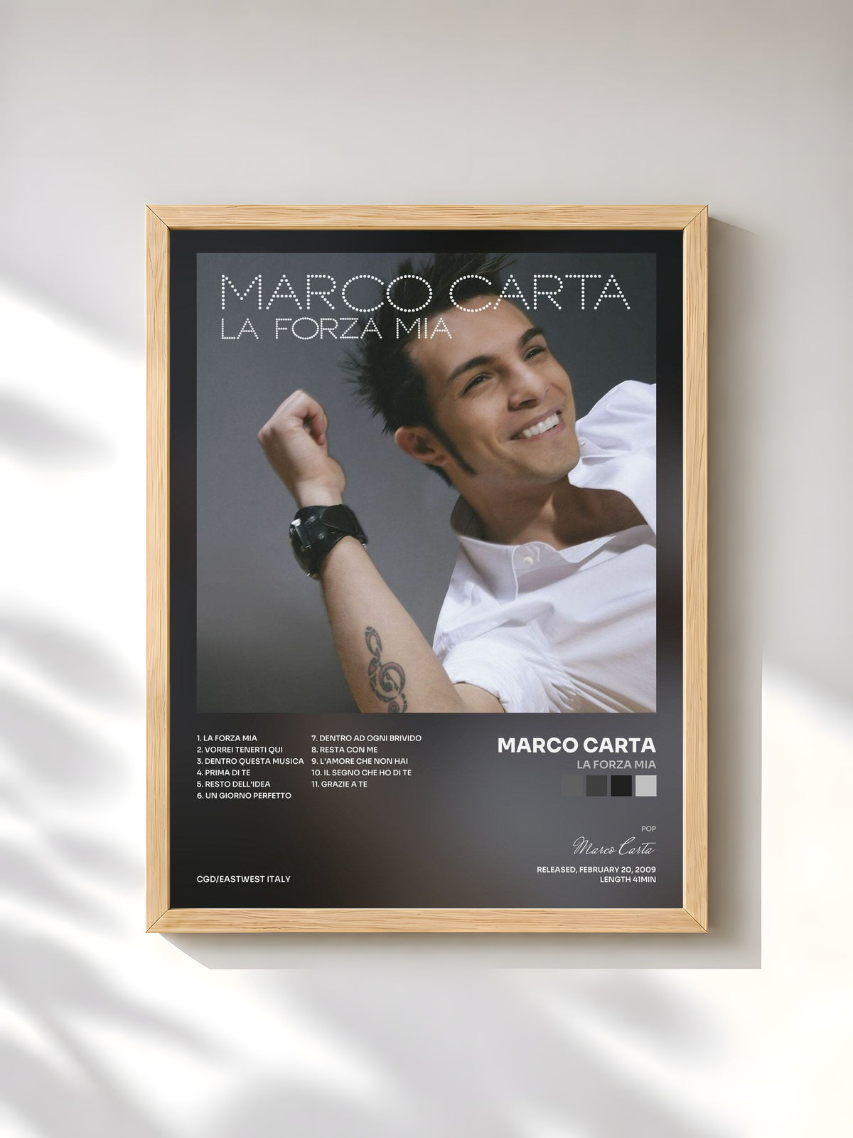 #bois Tableau de l'album La forza mia de Marco Carta, cadre en bois brut, imprimé et encadré en France