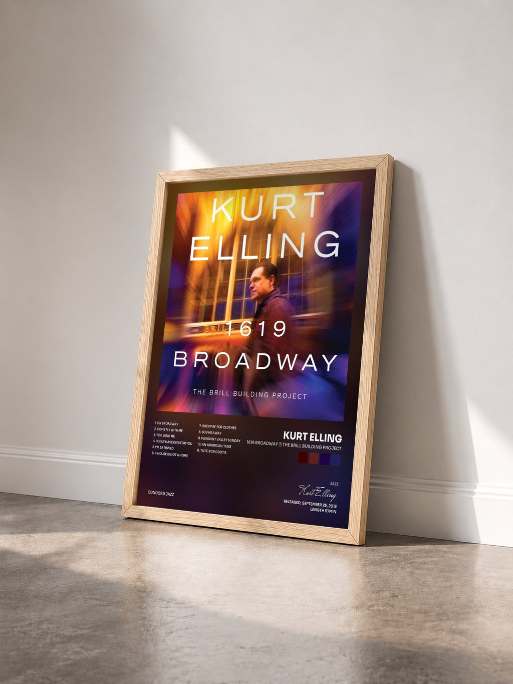 #bois Tableau de l'album 1619 Broadway ‒ The Brill Building Project de Kurt Elling vu de trois quarts, cadre en bois brut