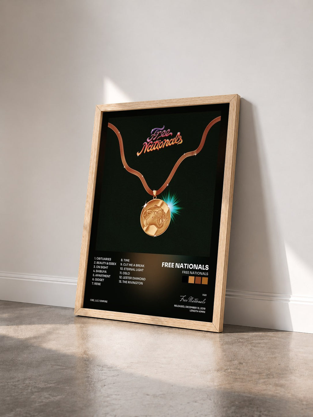 #bois Tableau de l'album Free Nationals de Free Nationals vu de trois quarts, cadre en bois brut