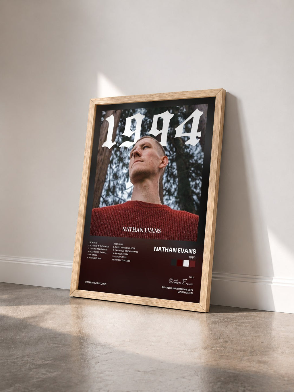 #bois Tableau de l'album 1994 de Nathan Evans vu de trois quarts, cadre en bois brut