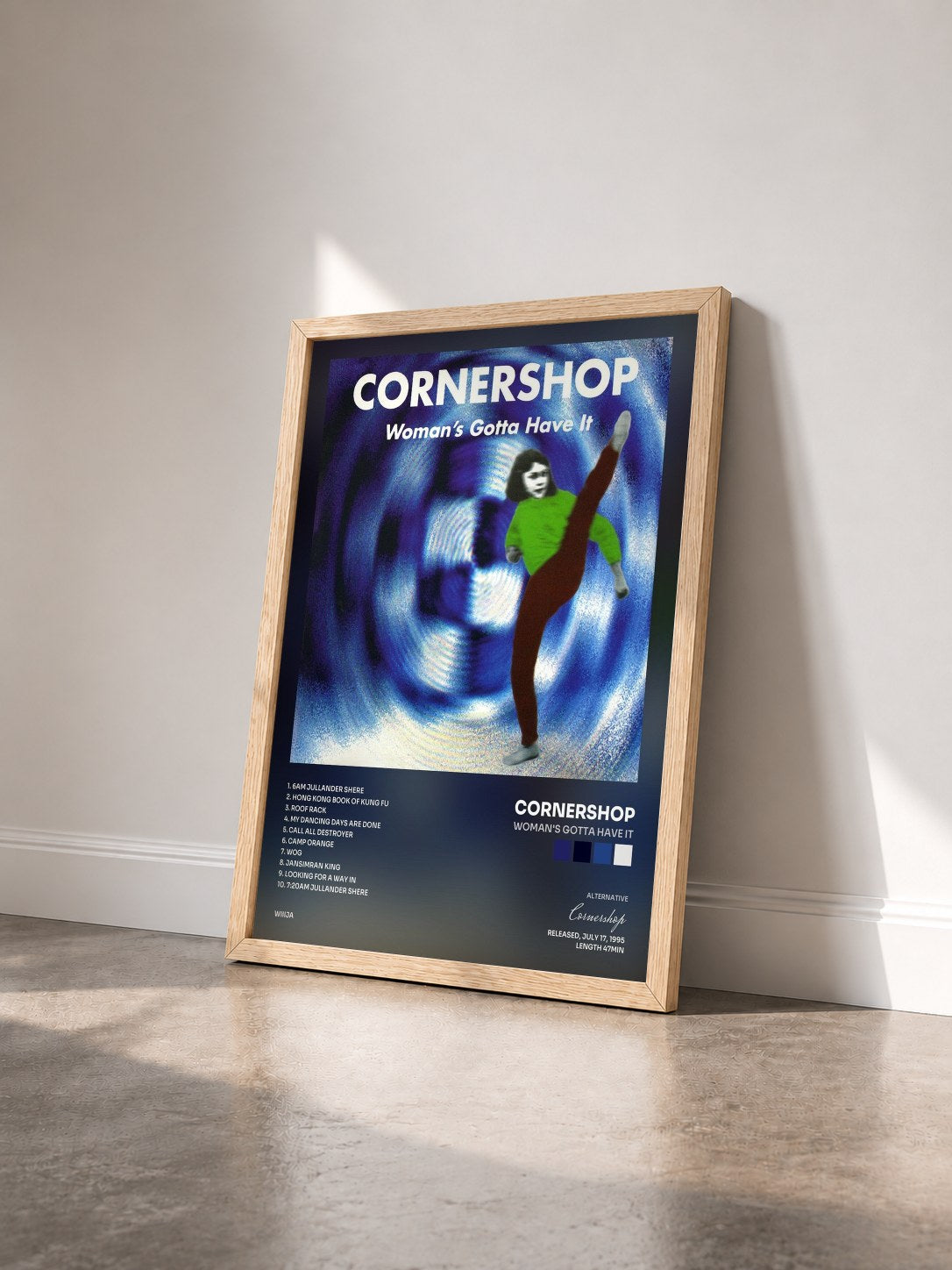 #bois Tableau de l'album Woman's Gotta Have It de Cornershop vu de trois quarts, cadre en bois brut