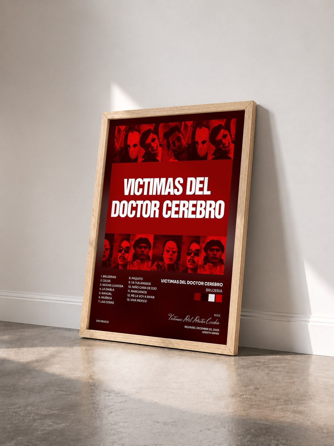 #bois Tableau de l'album Brujeria de Victimas Del Doctor Cerebro vu de trois quarts, cadre en bois brut