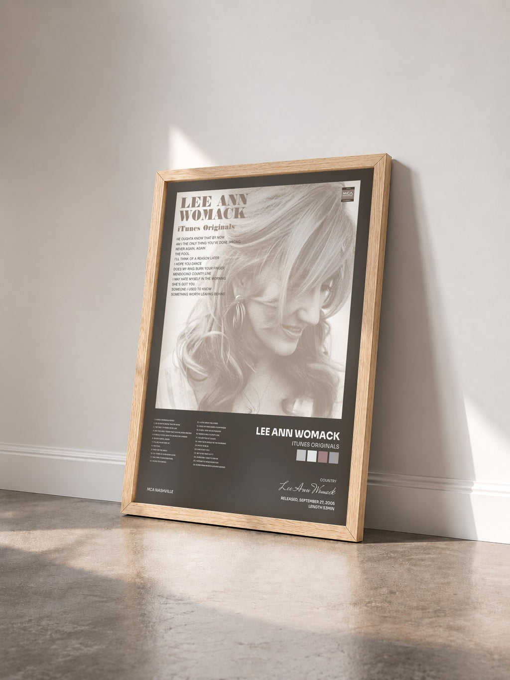 #bois Tableau de l'album iTunes Originals de Lee Ann Womack vu de trois quarts, cadre en bois brut