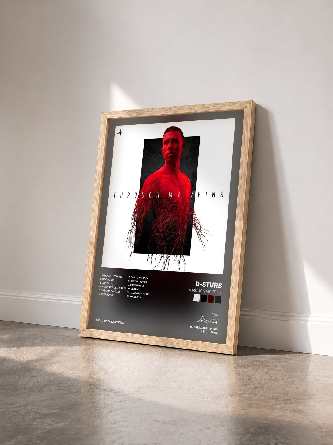 #bois Tableau de l'album Through My Veins de D-Sturb vu de trois quarts, cadre en bois brut