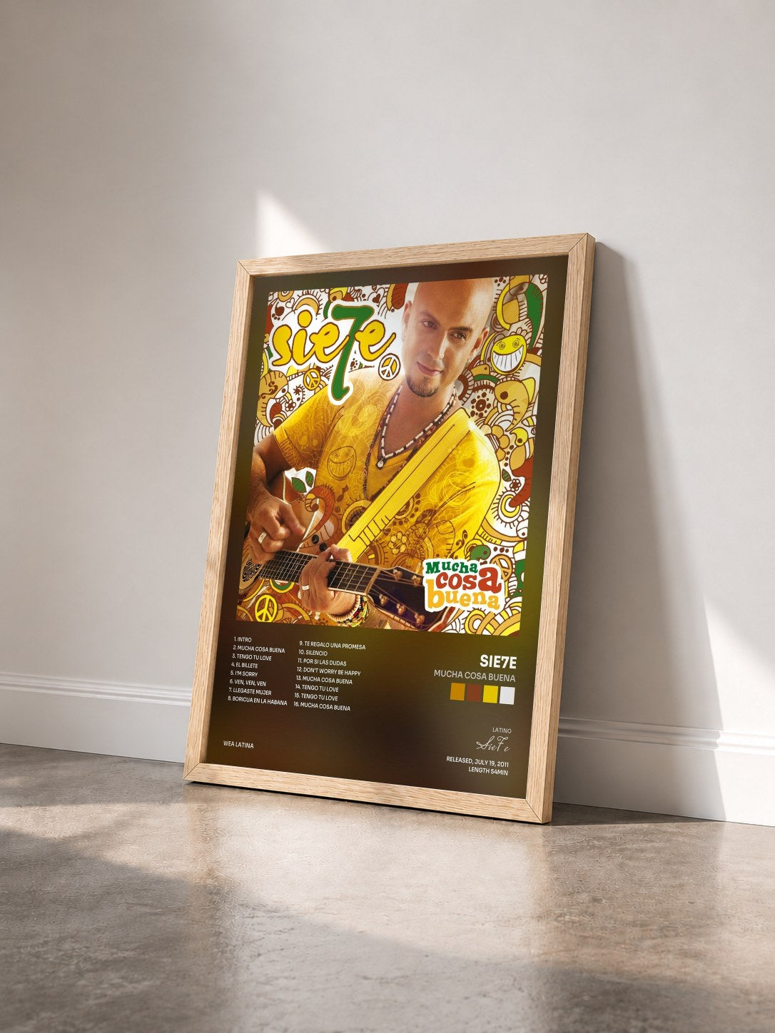 #bois Tableau de l'album Mucha Cosa Buena de Sie7e vu de trois quarts, cadre en bois brut