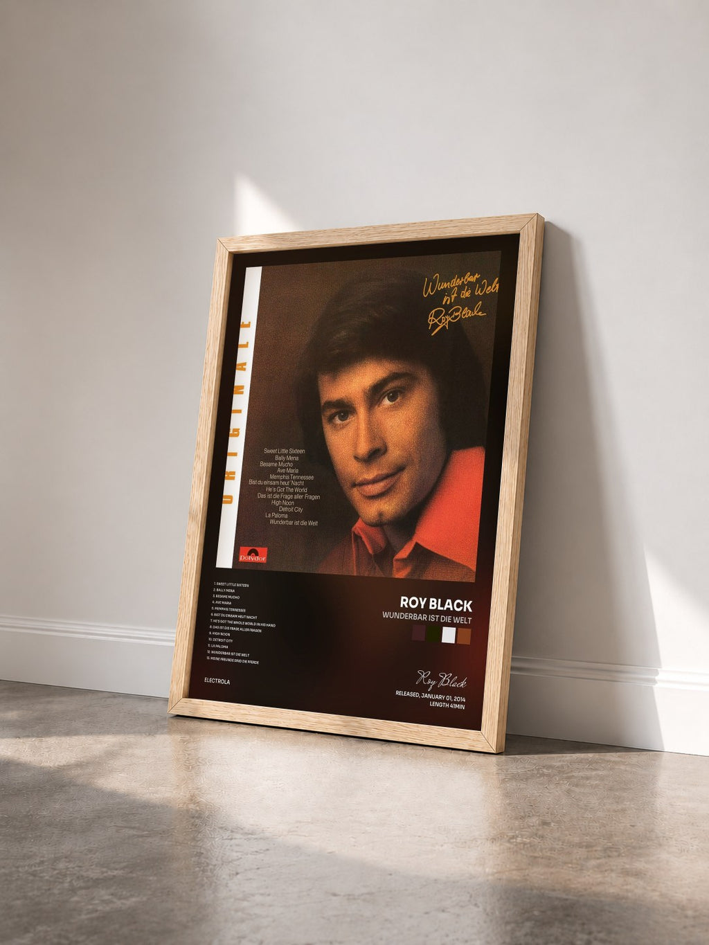 #bois Tableau de l'album Wunderbar ist die Welt de Roy Black vu de trois quarts, cadre en bois brut