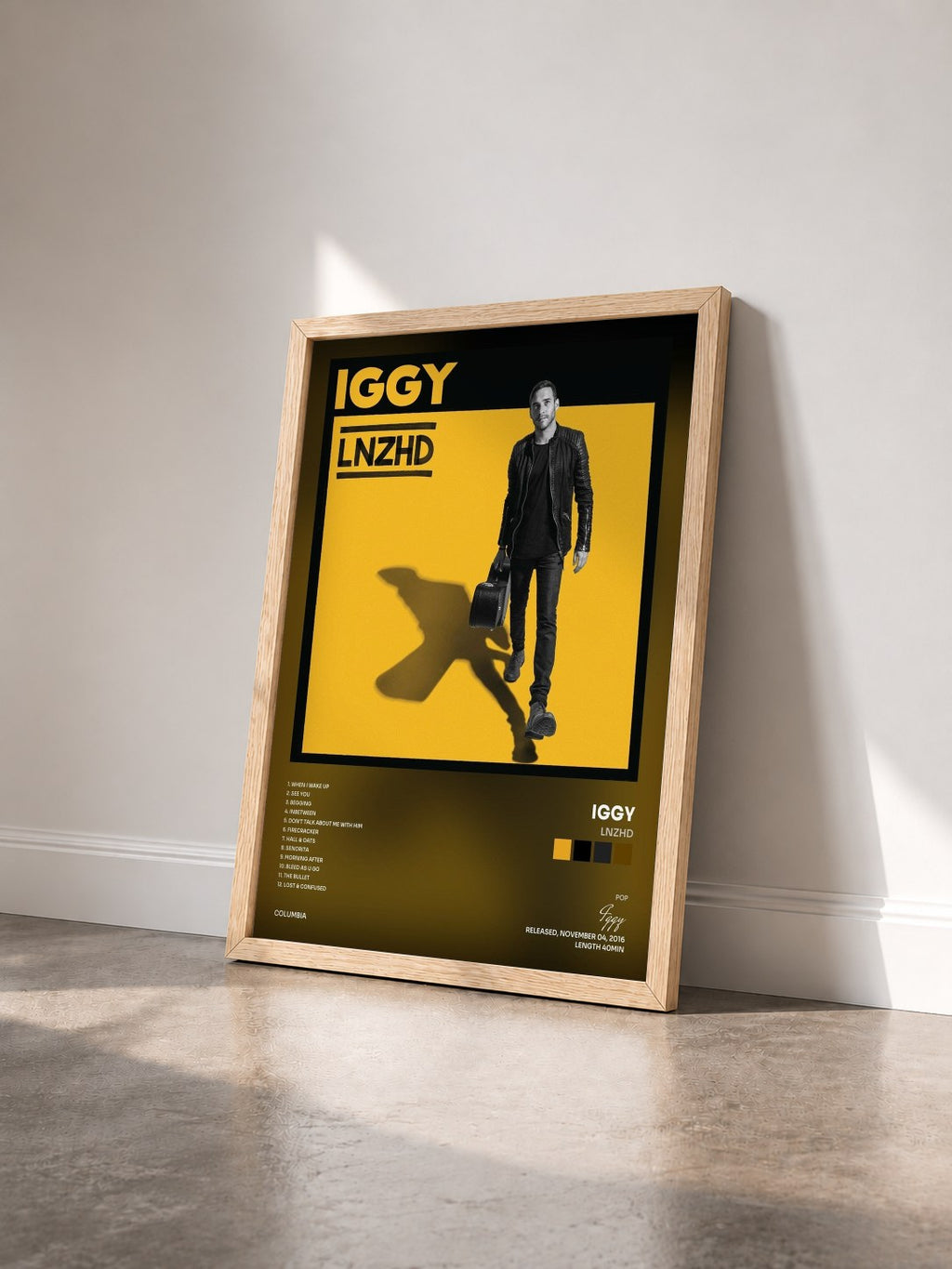 #bois Tableau de l'album LNZHD de Iggy vu de trois quarts, cadre en bois brut