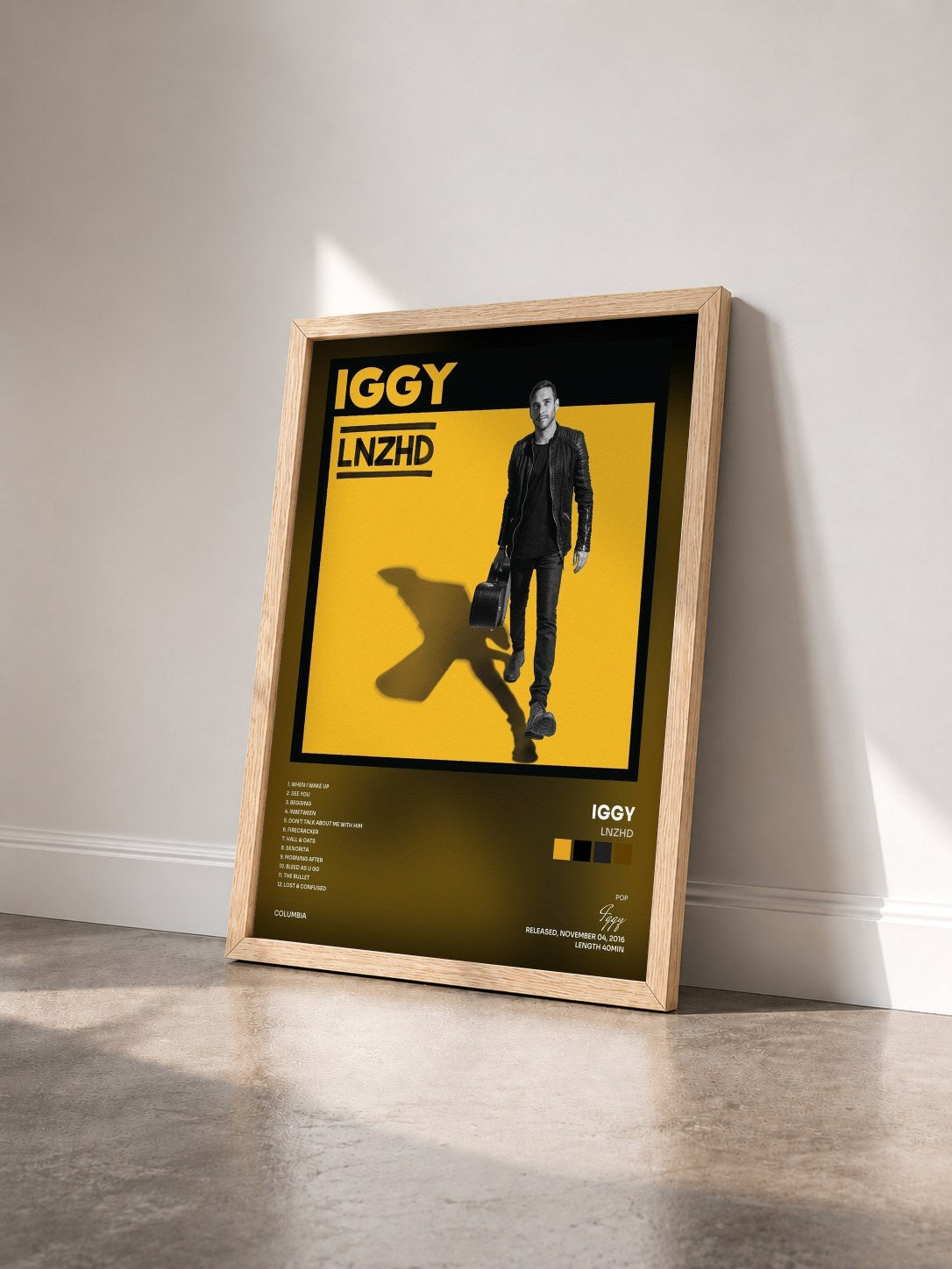 #bois Tableau de l'album LNZHD de Iggy vu de trois quarts, cadre en bois brut