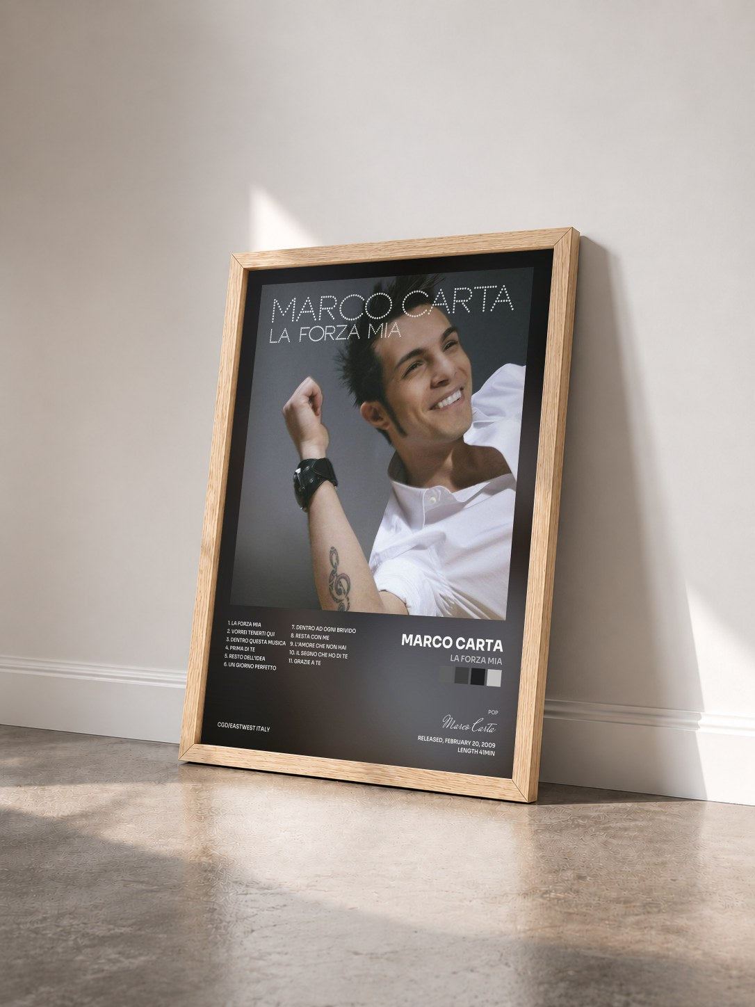 #bois Tableau de l'album La forza mia de Marco Carta vu de trois quarts, cadre en bois brut