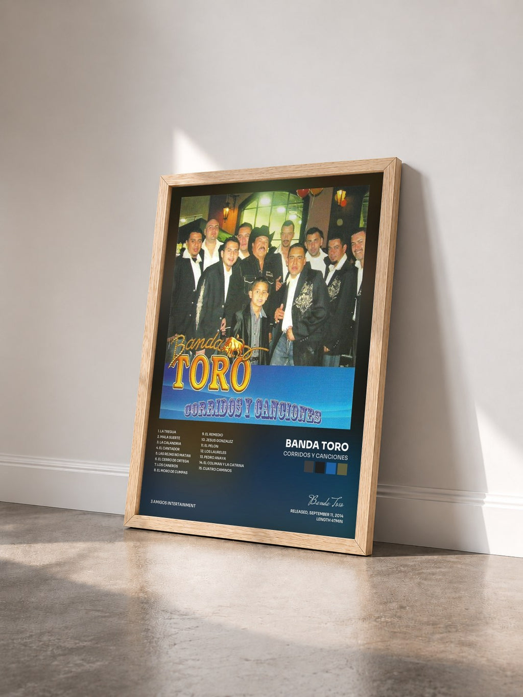 #bois Tableau de l'album Corridos Y Canciones de Banda Toro vu de trois quarts, cadre en bois brut