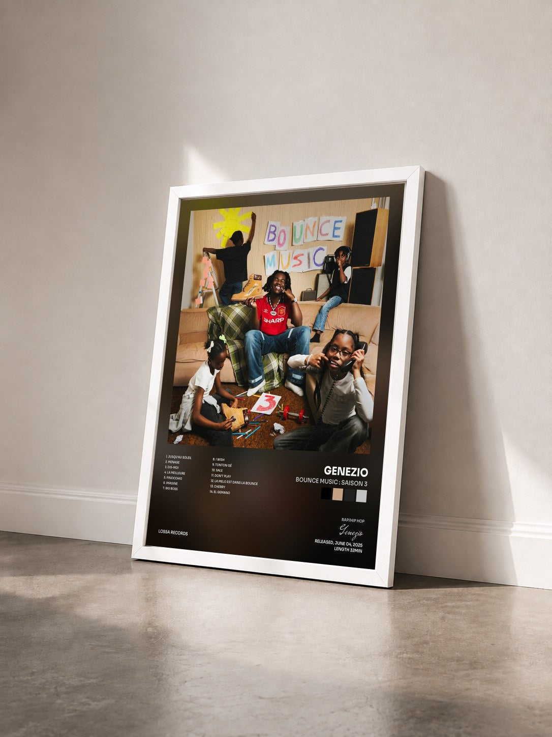 #blanc Tableau de l'album BOUNCE MUSIC : SAISON 3 de Genezio vu de trois quarts, cadre blanc