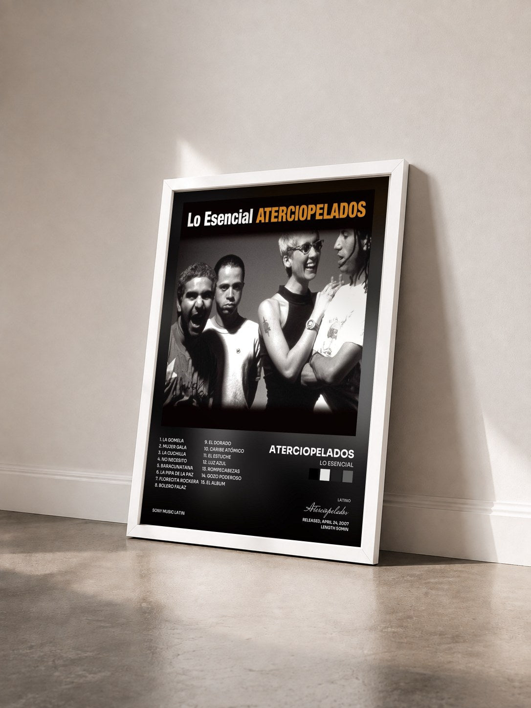 #blanc Tableau de l'album Lo Esencial de Aterciopelados vu de trois quarts, cadre blanc