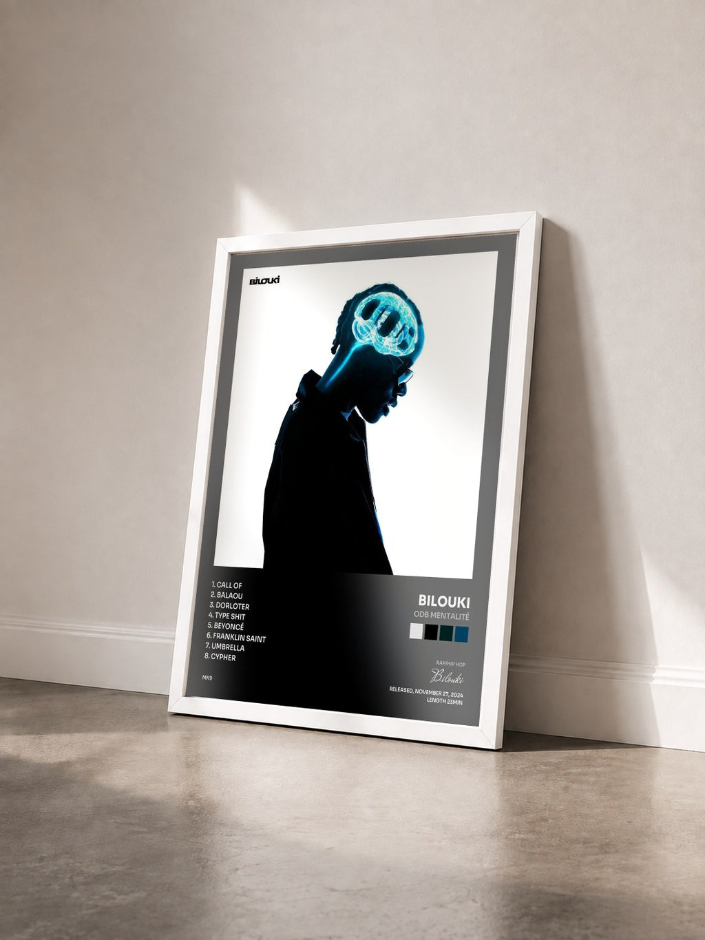 #blanc Tableau de l'album ODB Mentalité de Bilouki vu de trois quarts, cadre blanc