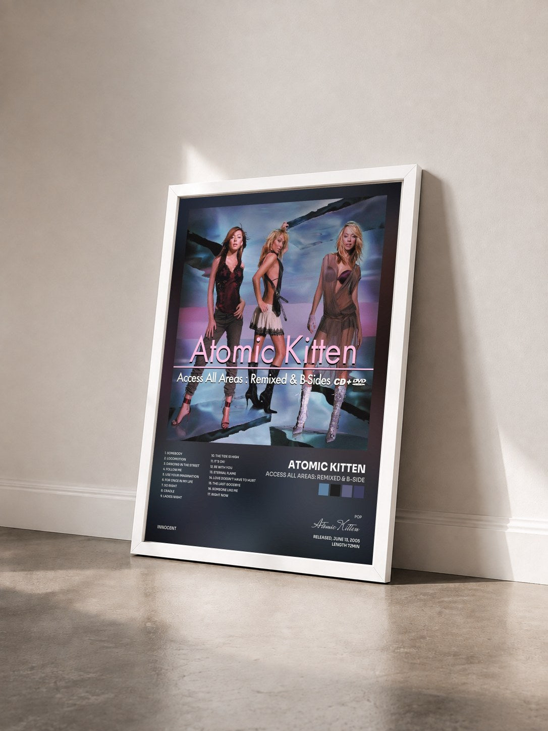 #blanc Tableau de l'album Access All Areas: Remixed & B-Side de Atomic Kitten vu de trois quarts, cadre blanc