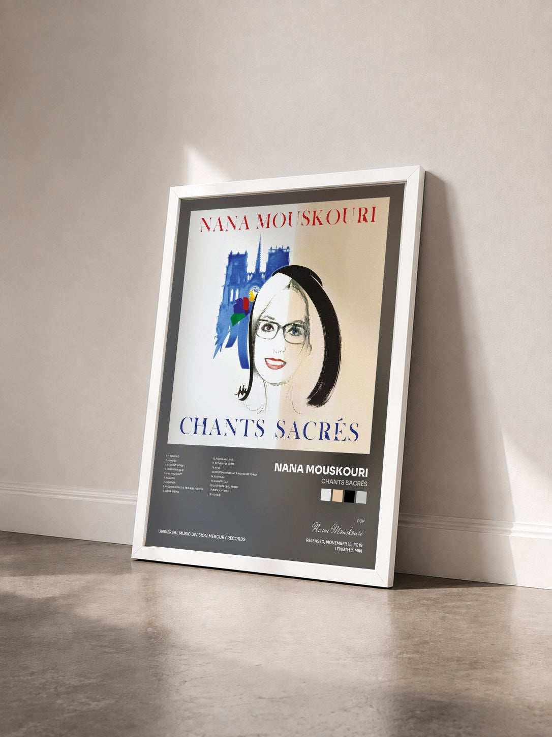 #blanc Tableau de l'album Chants sacrés de Nana Mouskouri vu de trois quarts, cadre blanc